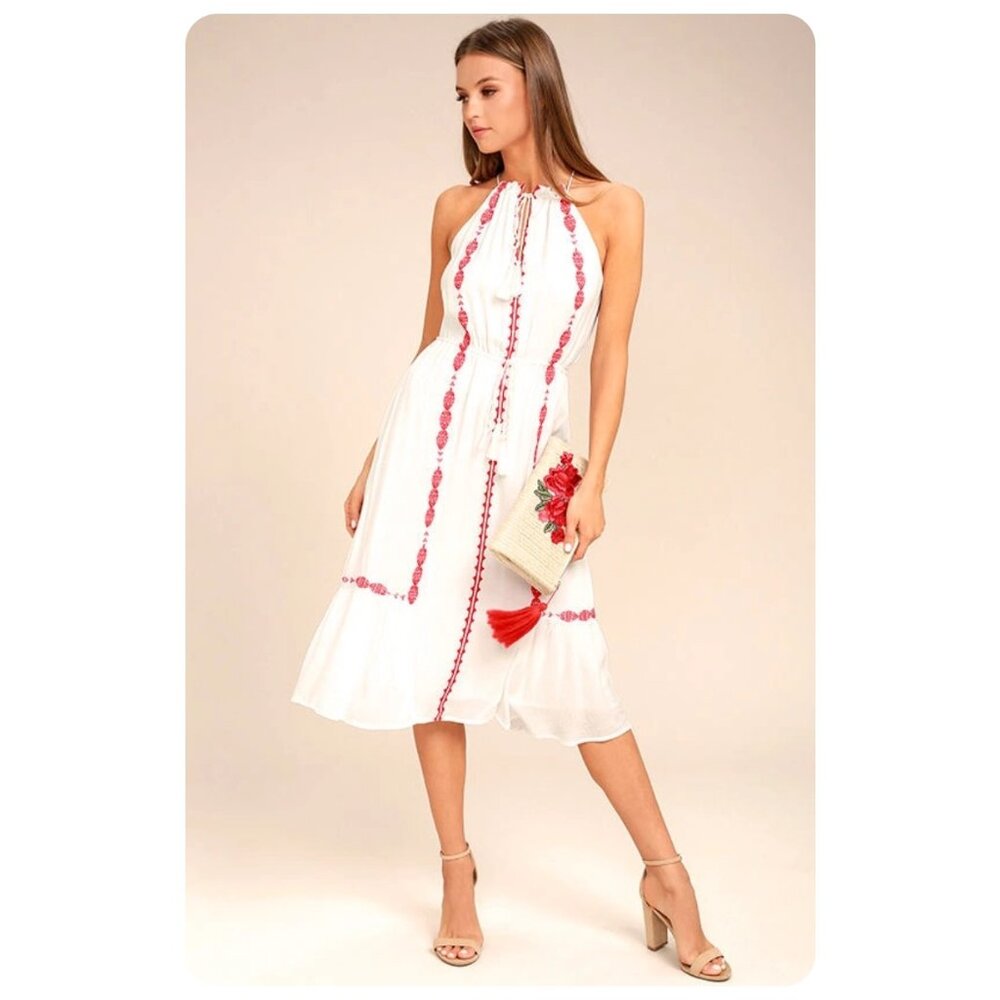 !! Lulus When You Smile White Red Embroidered Midi Dress sz S